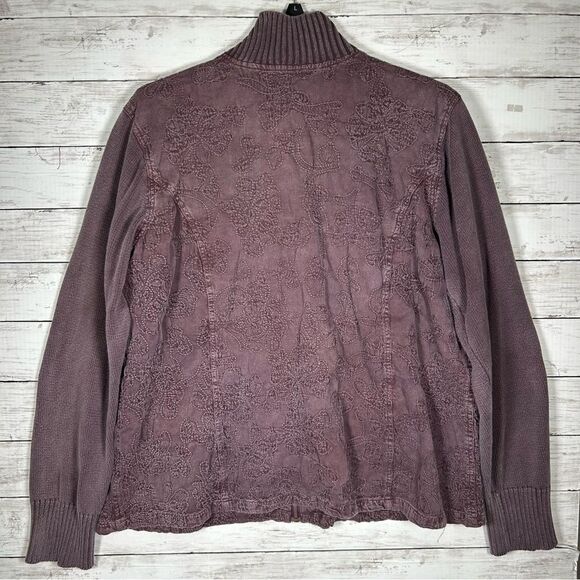 DENIM & CO. Mineral Wash Burgundy Cotton And Knit Embroidered Jacket 1X - Picture 3 of 10
